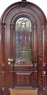 Арочная металлическая дверь массив со стеклом и ковкой ДА-50 в Химках