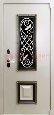 Белая стальная дверь с ковкой со стеклопакетом и МДФ ДК-30 в Химках