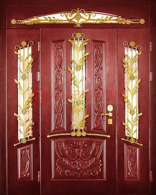 Бордовая железная парадная дверь со стеклом и ковкой ДПР-75 в Химках