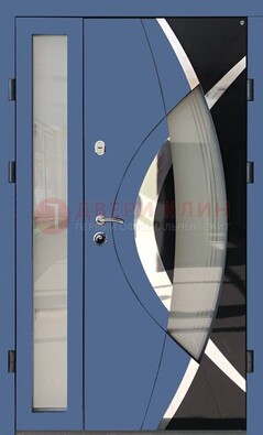Синяя металлическая дверь со стеклом и узором ДС-13 в Химках