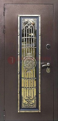 Железная дверь цвета медный антик со стеклом и ковкой ДСК-105 в Химках