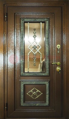 Теплая входная дверь со стеклом и ковкой разноцветной ДСК-13 в Химках