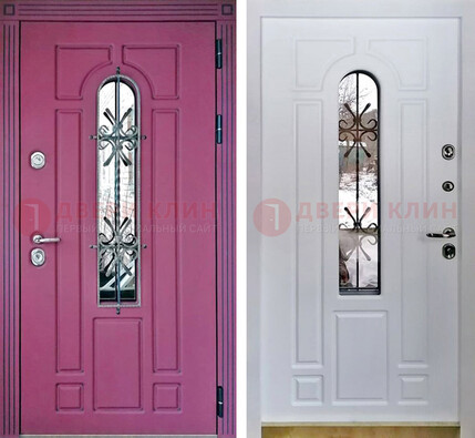 Розовая металлическая дверь со стеклом и ковкой ДСК-151 в Химках