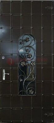 Высокая железная дверь со стеклом и ковкой ДСК-15 в Химках
