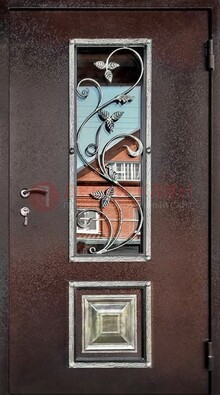 Коричневая стальная дверь порошок со стеклом и ковкой ДСК-163 в Химках