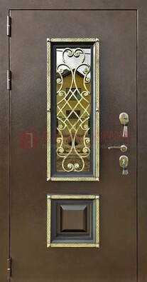 Входная дверь порошок со стеклом и ковкой для коттеджа ДСК-166 в Химках