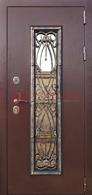 Коричневая стальная дверь порошок со стеклом и ковкой для дома ДСК-169 в Химках