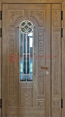 Полуторная стальная дверь стекло с ковкой и узором ДСК-200 в Химках