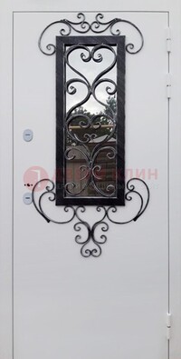 Белая уличная дверь Порошок со стеклом и ковкой ДСК-222 в Химках