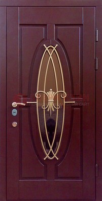 Бордовая стальная дверь Винорит со стеклом и ковкой ДСК-263 в Химках