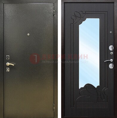 Железная темная дверь c порошковым напылением и МДФ с узором и зеркалом ДЗ-111 в Химках