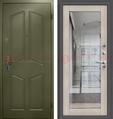 Зеленая стальная дверь с МДФ панелями и зеркалом ДЗ-137 в Химках
