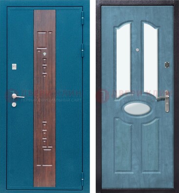 Голубая металлическая дверь МДФ с тремя зеркальными вставками ДЗ-78 в Химках