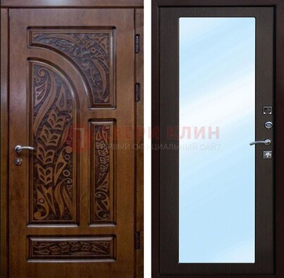 Коричневая входная дверь c узором и виноритом МДФ с зеркалом ДЗ-98 в Химках